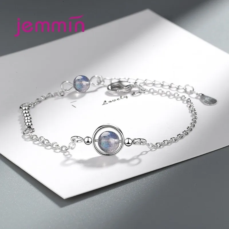 Genuine 925 Sterling Silver Planet Shape Pendant Bracelet With Round Shiny Moonstone Lovely Models Women Jewelry Accessory