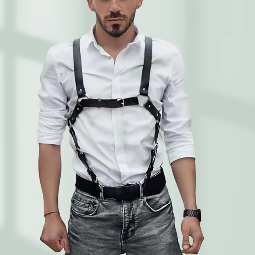 Men\'s Fashion Suspenders PU Leather Adjustable Straps Suspenders Gentlemen\'s Casual Clothing Accessories