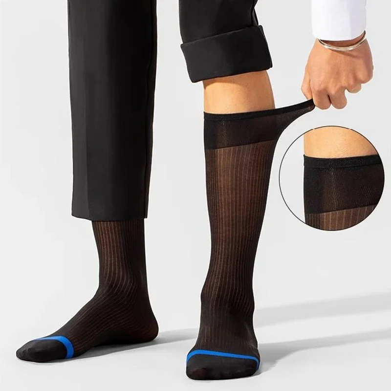 

Man Silk Business Socks Thin Nylon Striped Breathable Soft Elastic Below Knee Calf Formal Wear Crew Socks Gentleman