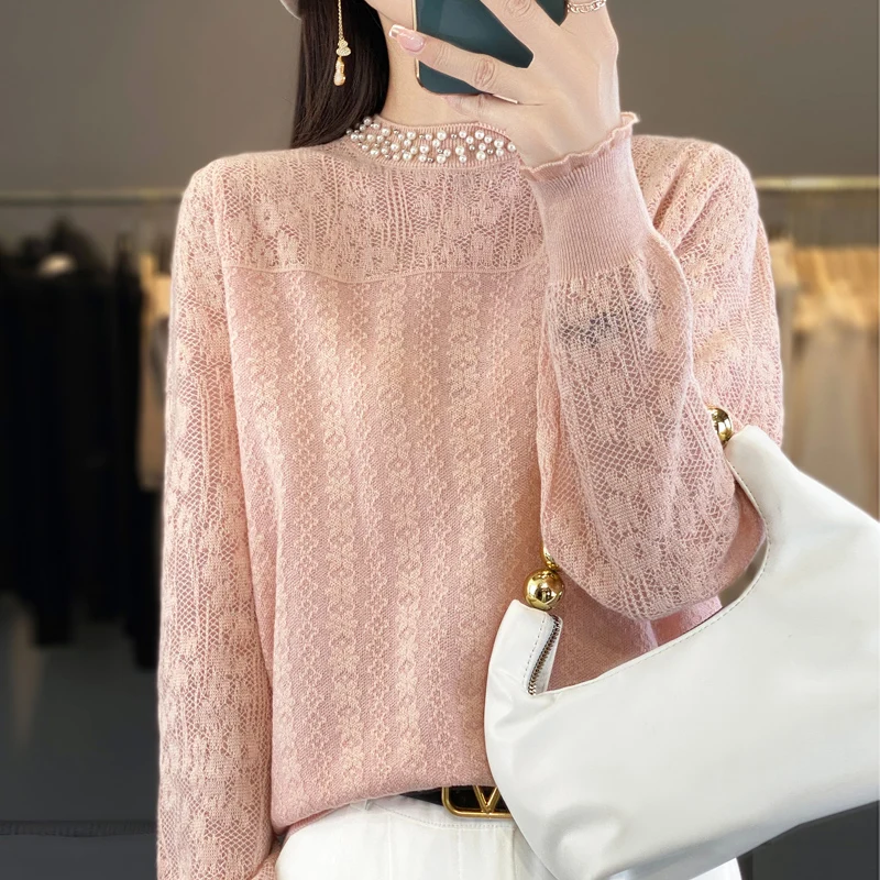 In summer, the new women\'s 100% pure woolen sweater knitted short sleeve casual loose female pearl collar loose fashion shirt.