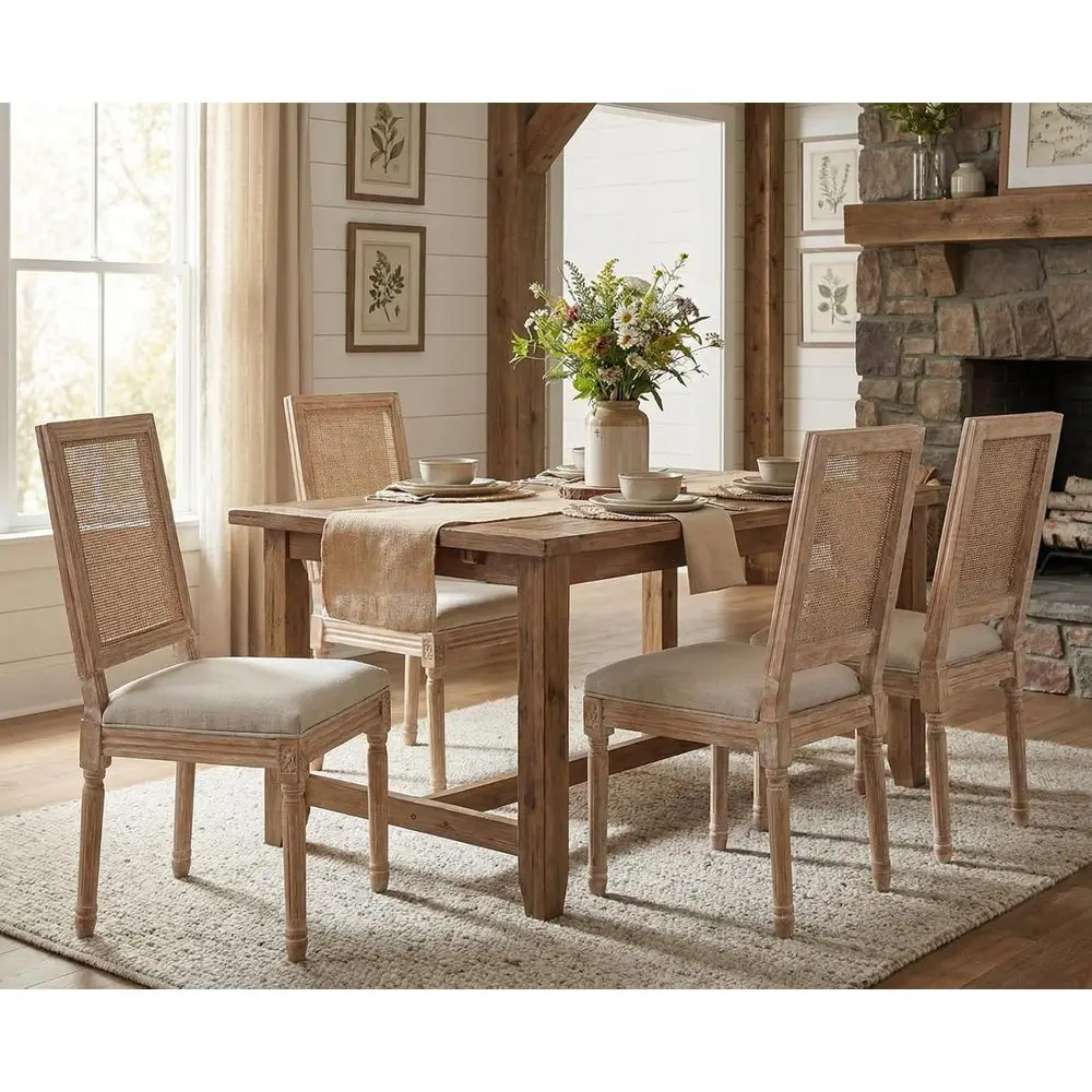 

Set of 4 French Rattan Dining Chairs with Reclined Back and Distressed Wood, Upholstered Vintage Side Chairs for Kitchen/Restaur