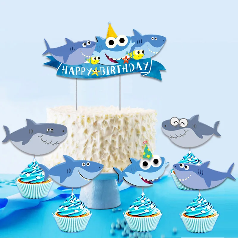 Cute Ocean Shark Theme Swirl Hanging Birthday Banner Cake Topper Balloon for Kids Under The Sea Birthday Baby Shower Party Decor