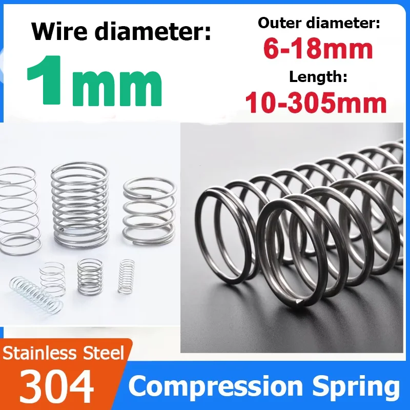 

1mm Wire 304 SS Spring Steel Y-Type Compression Spring 2-10Pcs, OD 6-18mm Length 10-305mm, Industrial Mechanical Accessory
