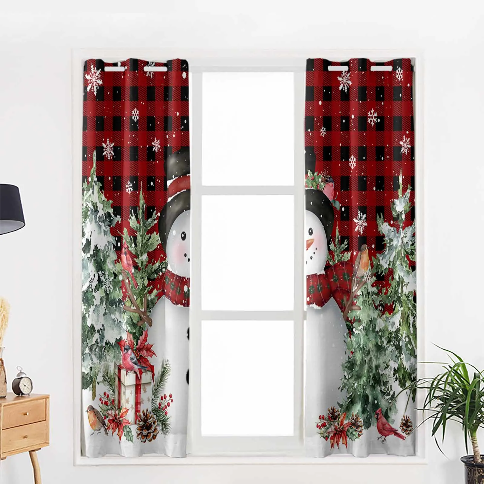 Snowman Christmas Tree Mockingbird Red Grid Living Room Bedroom Window Treatment Blinds Drapes Modern Kitchen Curtains