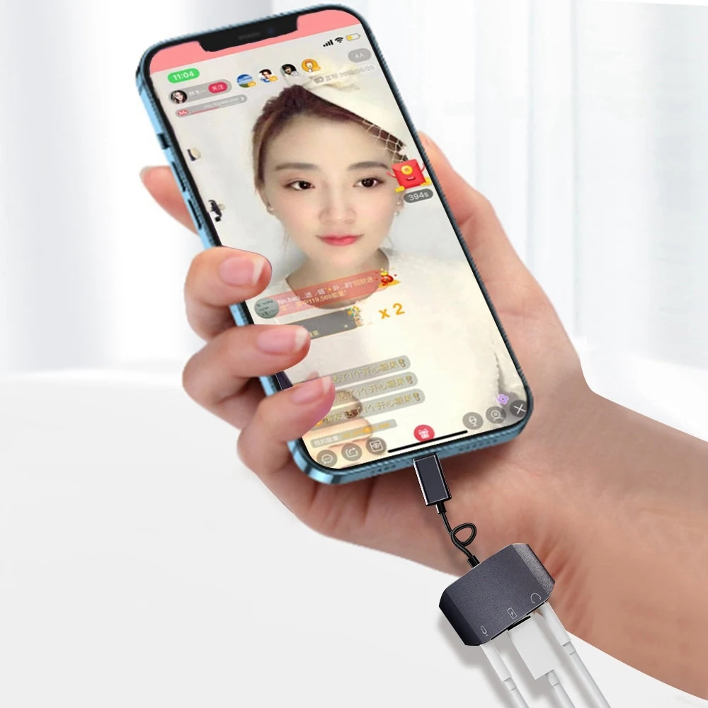 3-In-1 for iPhone Converter 3.5mm Microphone Headphone Adapter for Live Call PD Fast Charge Live Monitoring U Shield