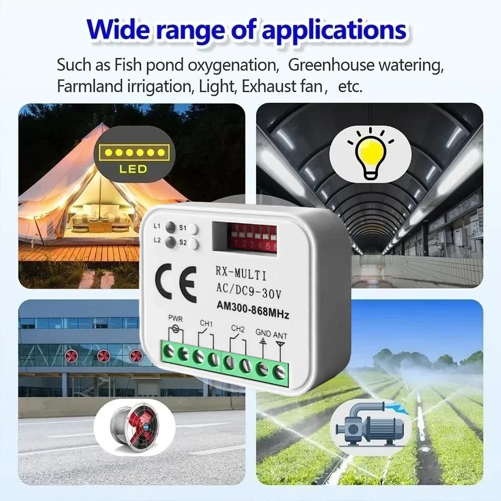 Multi Frequency 300-868MHz Wireless Switch AC/DC 9V-30V 2CH Relay Receiver RF433 Remote Control For Door Electromagnetic lock