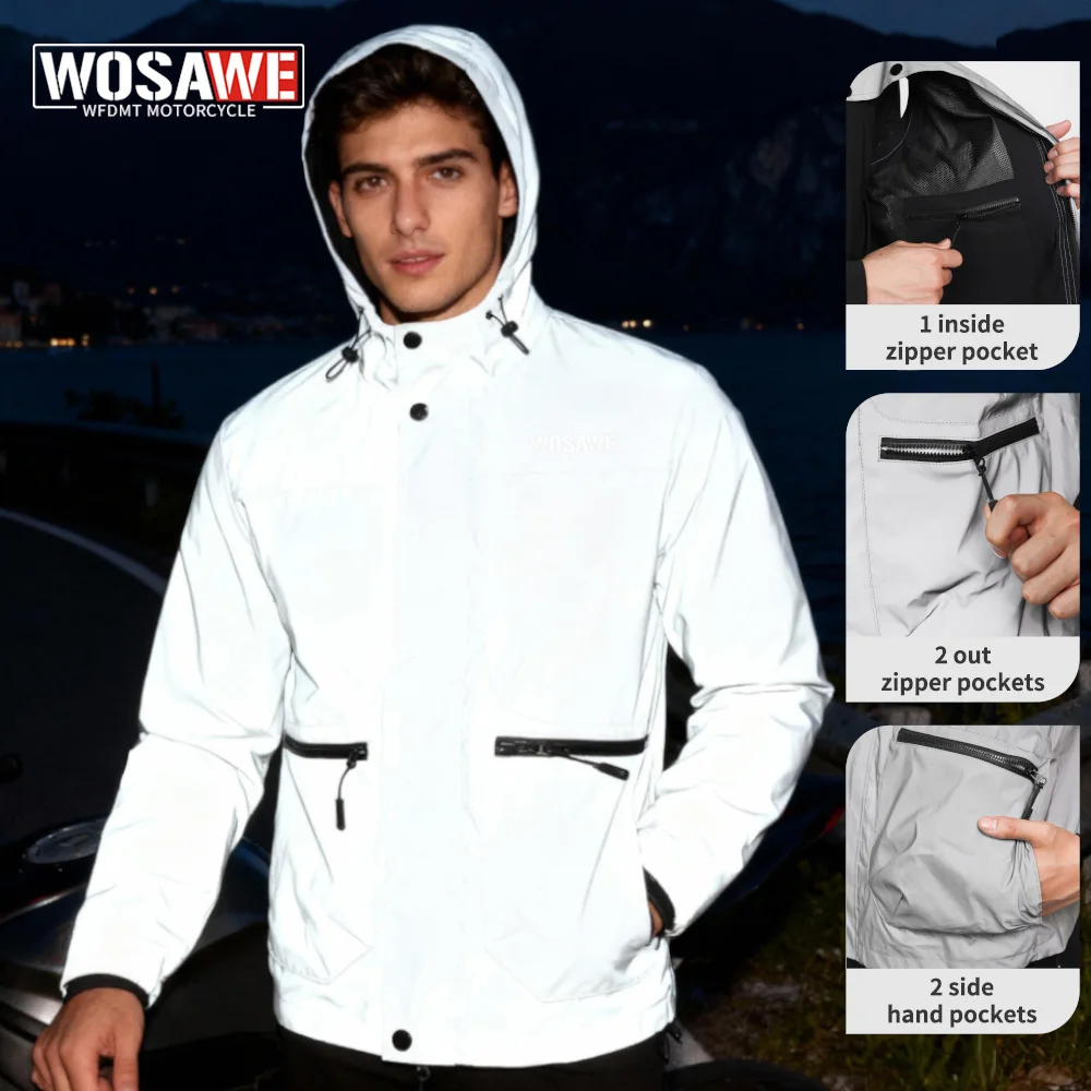 

WOSAWE Motorcycle Reflective Jacket Autumn Winter Outdoor Hoodies Windbreaker Hip Hop Streetwear Running Coat with 5 Pockets