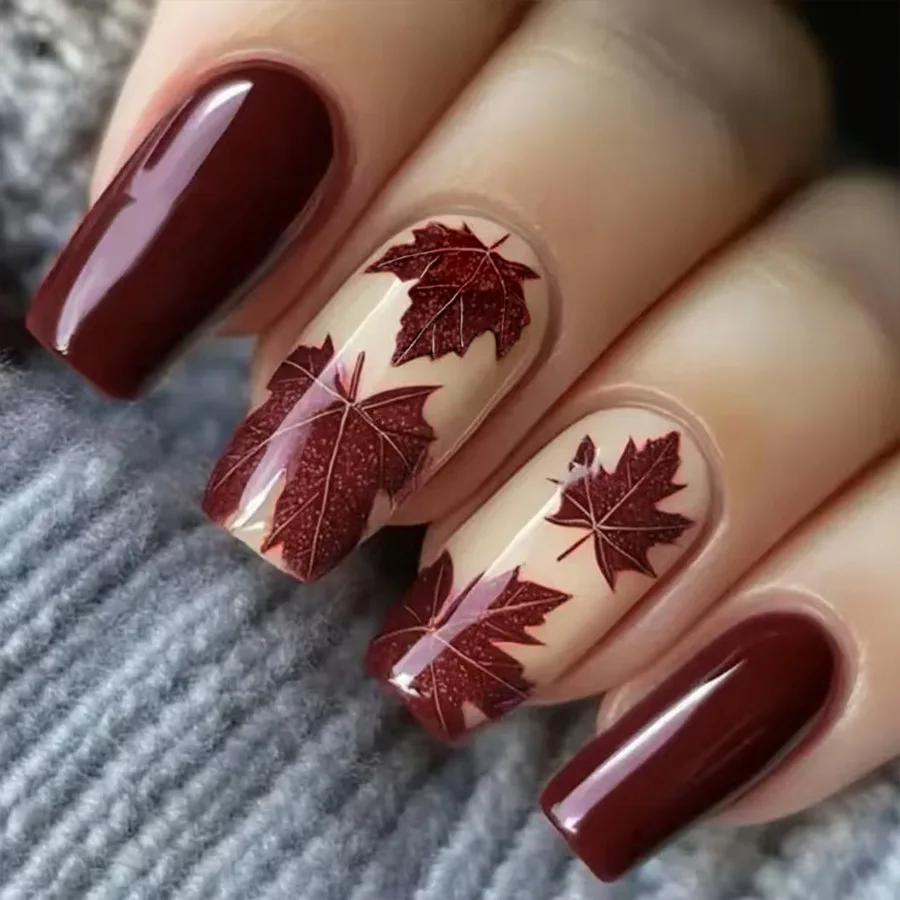 

24PCS Autumn Medium Square Press on Nails Wine Red Maple Leaf Patterns Simple French Fake Nails for Women Wearable Nail Manicure