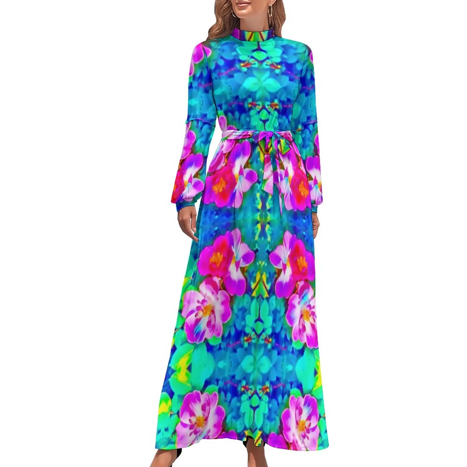 

Tropical Floral Aqua Dress Botanical Flower Print Kawaii Printed Maxi Dress High Neck Long Sleeve Aesthetic Beach Long Dresses