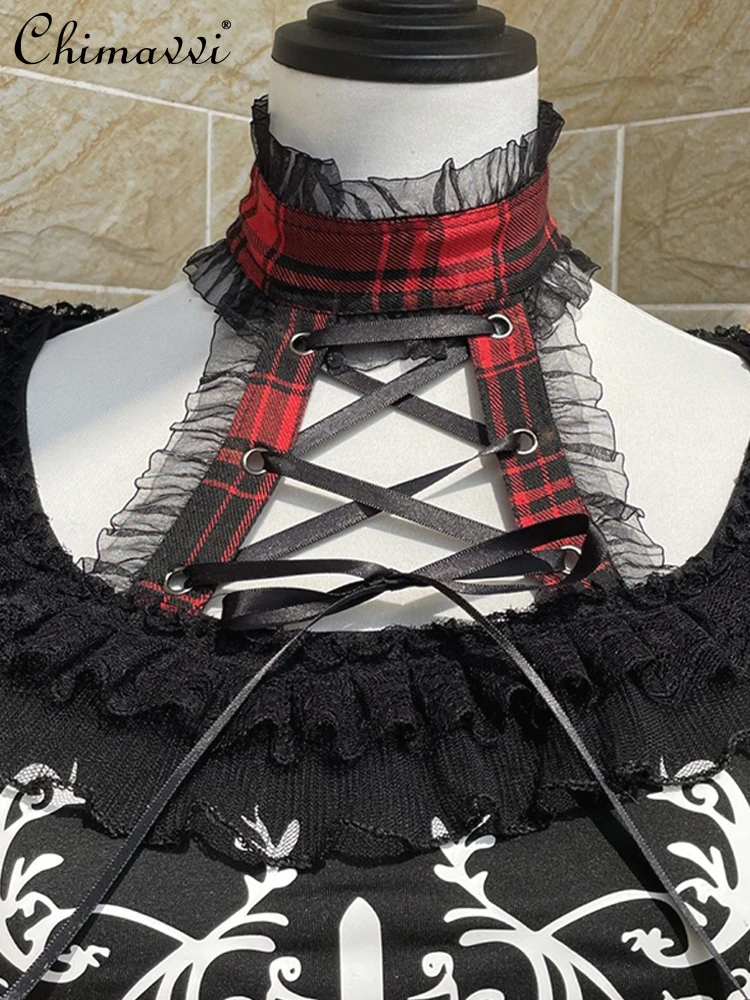 Subculture Gothic Sexy Girl's Half Lace Up Lace Stitching Long Sleeve Tops Mini Skirt Two-Piece Set Autumn Japanese Skirt Sets