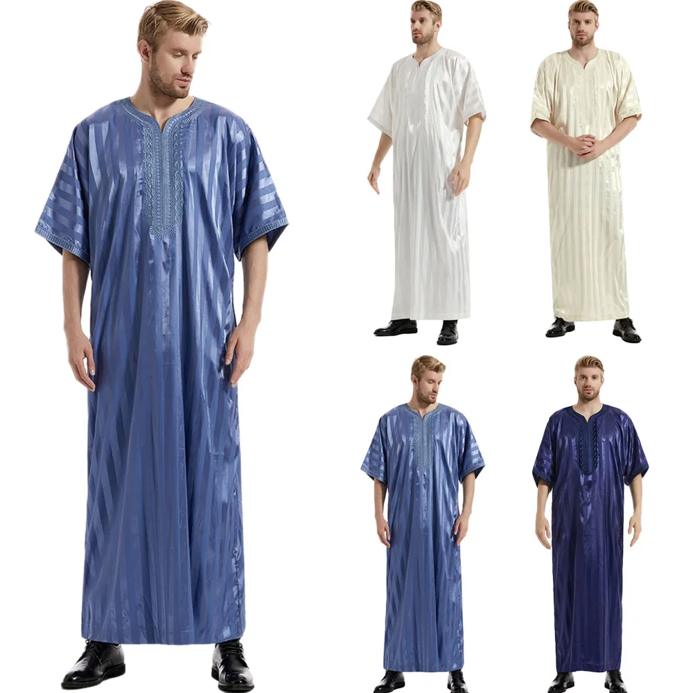 Vestido muçulmano Ramadan com listras de cetim masculino, roupa casual de kaftan, manga curta islâmica Jubba Thobe, Dubai Abayas, roupas do Oriente Médio