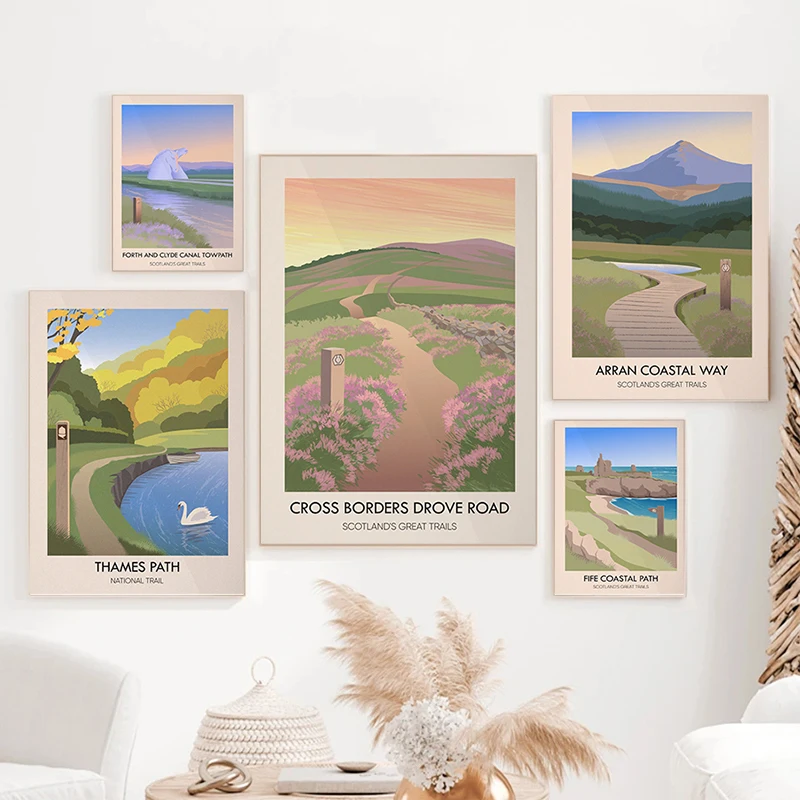 UK Walking Trails Poster Causeway Coast Pennine Bridleway Borders Abbeys Way Canvas Painting Hiking Wall Art Picture Home Decor