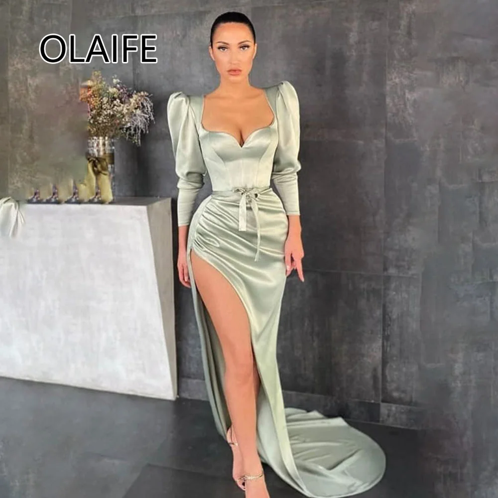 

Chic Sweetheart Collar Satin Pleated Evening Party Dress Sheath Side High Split Long Sleeve Prom Dress with Court Customzied