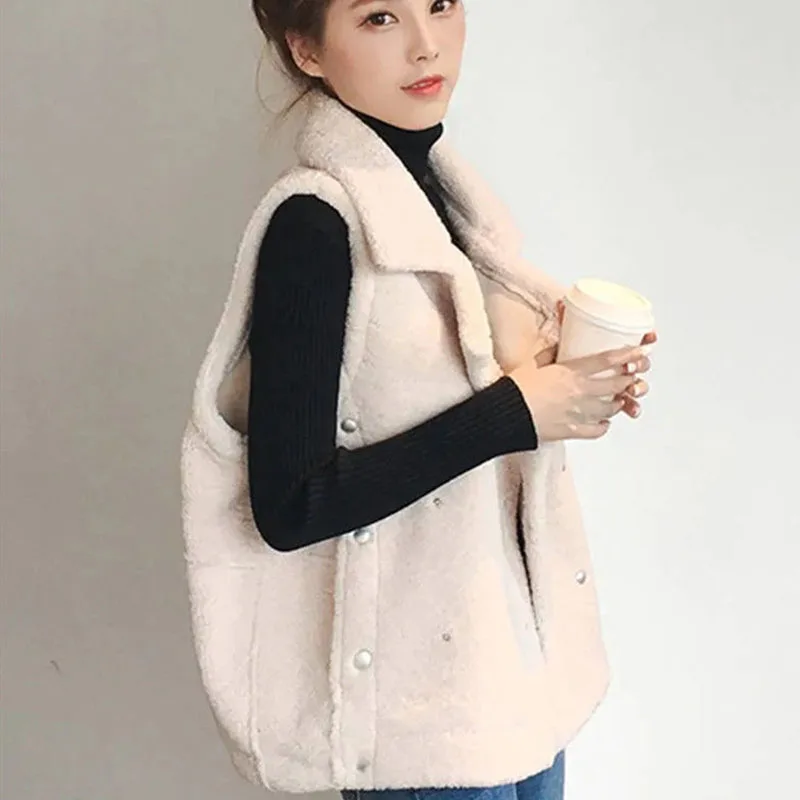 

Winter Women Loose Warm Plush Vest Coat Simplicity Korean Elegant Fashion Casual Jacket Female Thicken Sleeveless Short Coat