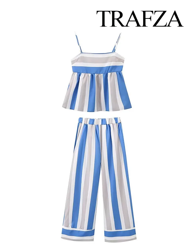 TRAFZA Summer Women Chic Color Matching Suit Elegant Sleeveless Backless Suspender Top+Casual Elastic Waist Wide-leg Pants Mujer