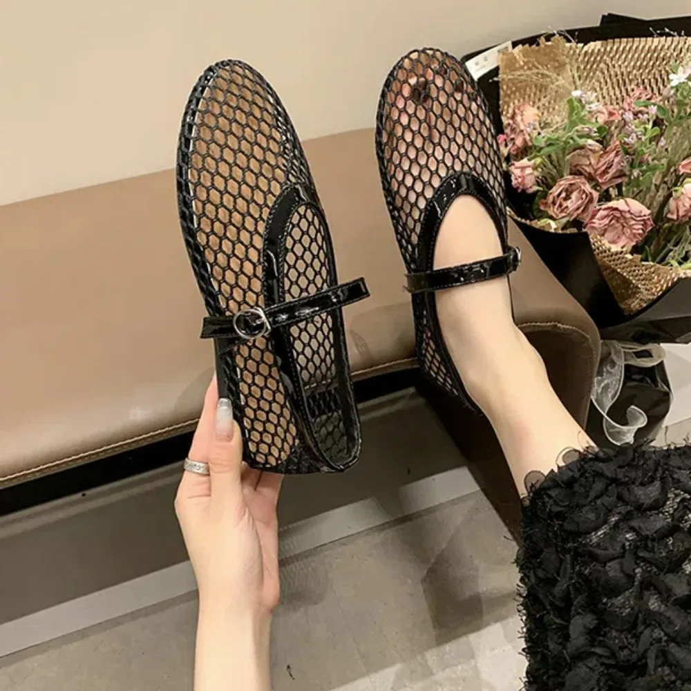 PU Leather Hollow Flat Sandals Black White Single Buckle Ballet Shoes Shallow Breathable Fishing Net Loafers Shopping