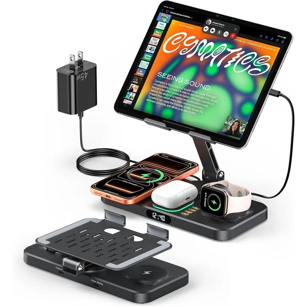 

Wireless Charging Station with 45W Adapter for Multiple Devices, 20W Fast Charging Stand with Clock and Night Light for Tablets,