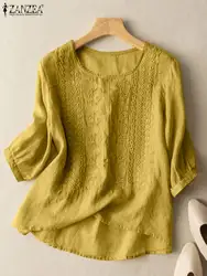 ZANZEA-Blusa bordada casual para mulheres, crochê de renda vintage, gola em O, tops de manga 3/4, camisa sólida, festa, oversize, verão