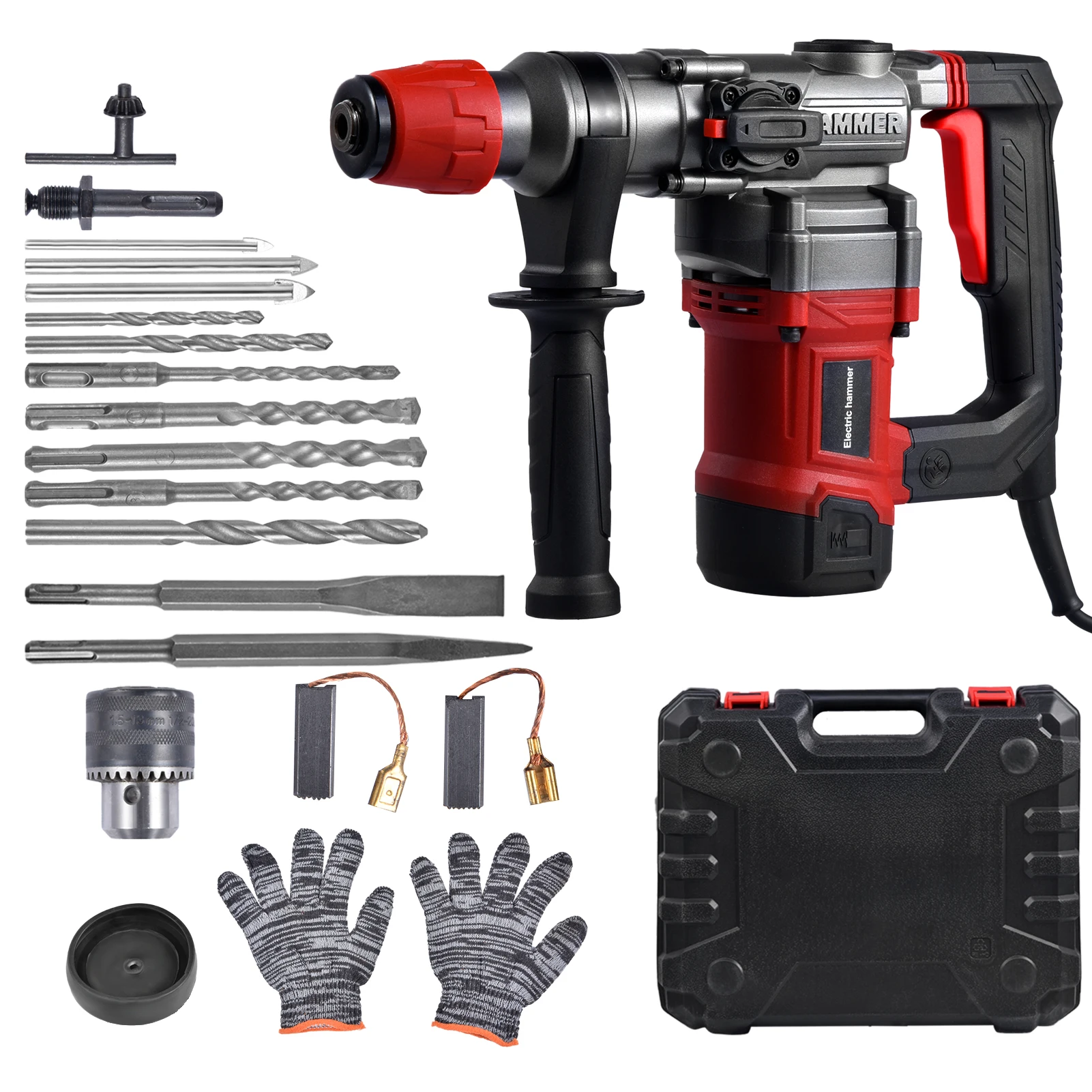 Marteau perforateur rotatif 3 en 1, 2000W, électrique, avec embrayage de sécurité, technologie de contrôle des vibrations, 3 modes (perforation, sculpture, burinage) pour béton, mur, carrelage, ciment, métal, acier, inclut des forets SDS, burins à pointe plate, kit d'outils robuste avec mallette.