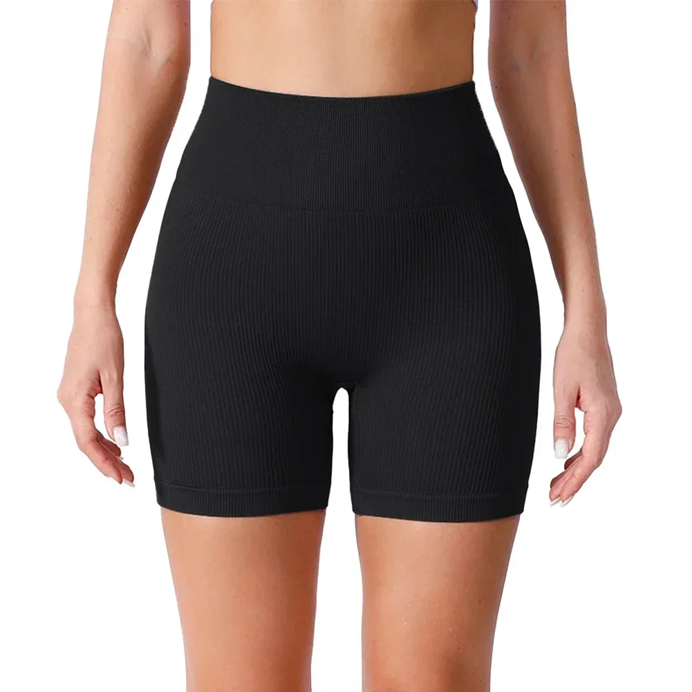 Calção de malha com nervuras de cintura alta feminina, calça de elevação de bunda, casual, fitness escuro, ioga, verão, marca