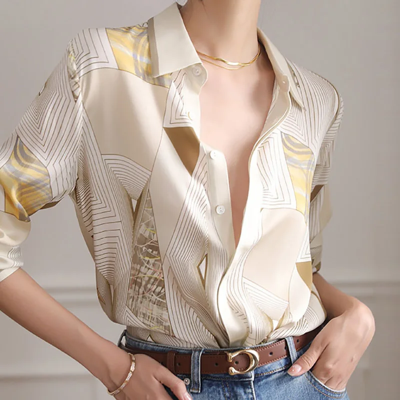 EVNISI Spring Women Stripe Print Casual Shirt Polo Collar Blouse Button Up For Women Pullover Loose Office Tops 2024