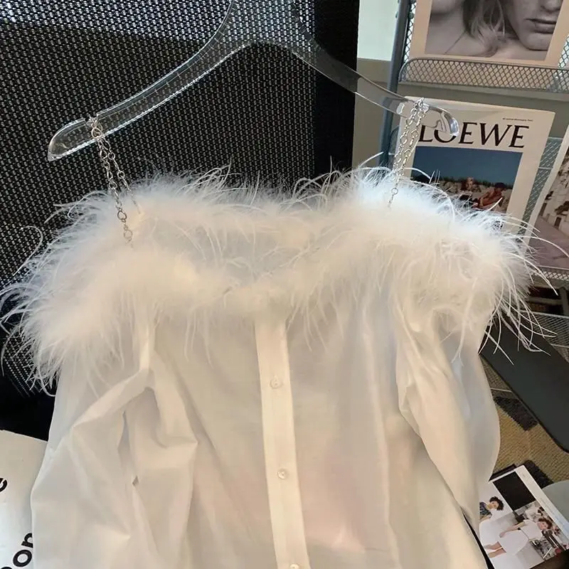 Sexy Hotsweet Blouse Women White Chain Feather Shirt  Blusa Feminina Elegant Fur Collar Chemise Femme Casual Top Shirts