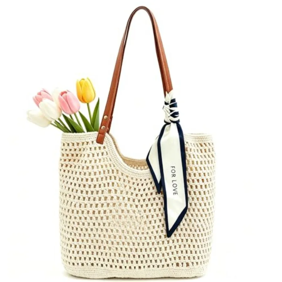 

Crochet Beach Bag for Women, Boho Summer Tote with Zipper and Leak-Proof Lining, Large Capacity Travel Shoulder Purse