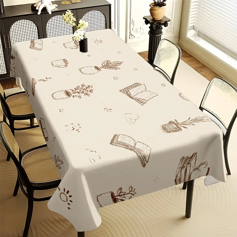 Book Plant Sketch Tablecloth, Cute Brown Line Drawing Book Potted Print Rectangular Table Cover for Dining Kitchen Home Decor