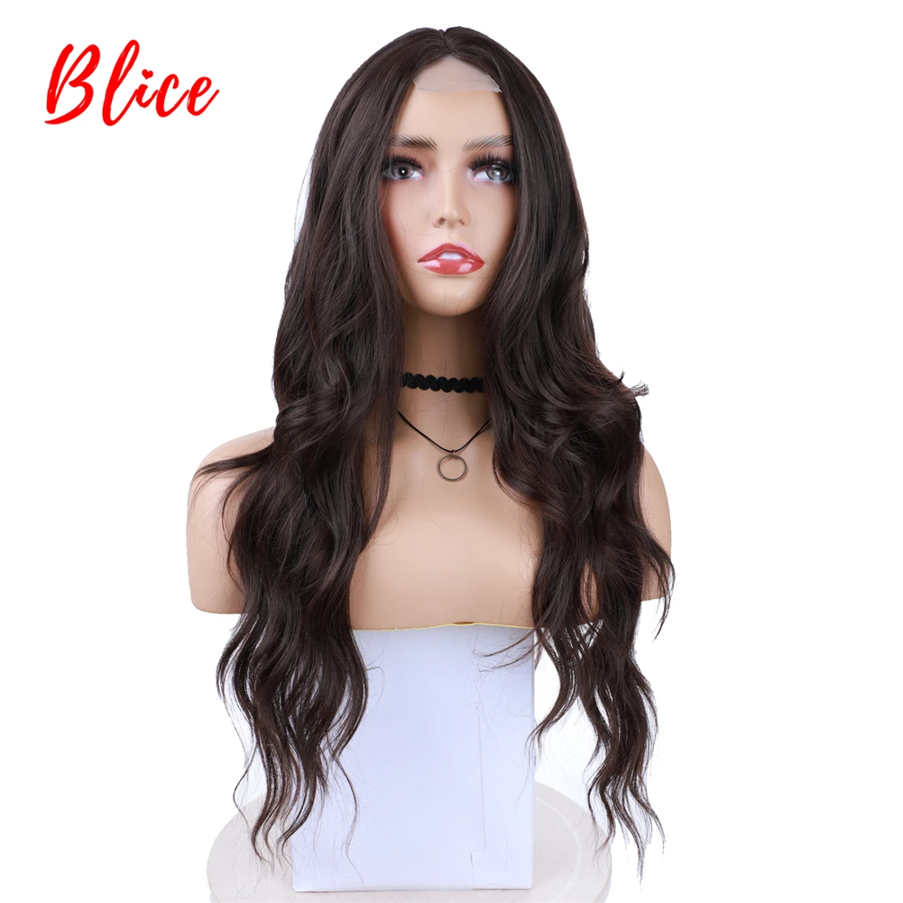 Blice Long Curly Synthetic Hair Daily Wigs Skin Head Topper For African American Women Wavy 20Inch With Lace Babyhair Brown