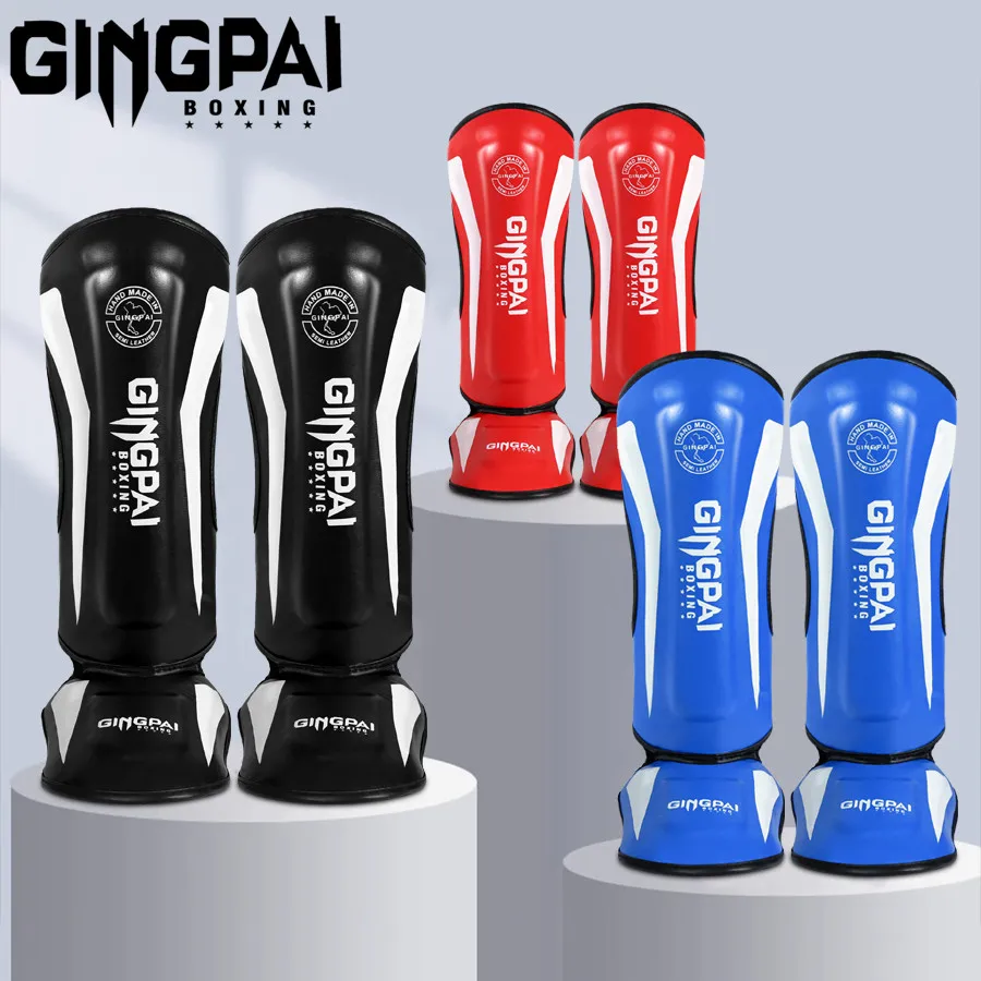 GINGPAI الشباب/الكبار الملاكمة التايلاندية ركلة الملاكمة MMA تصارع مشط القدم شين الحرس منصات الكاراتيه القدم عرقوب الساق حماة الكاحل دعم