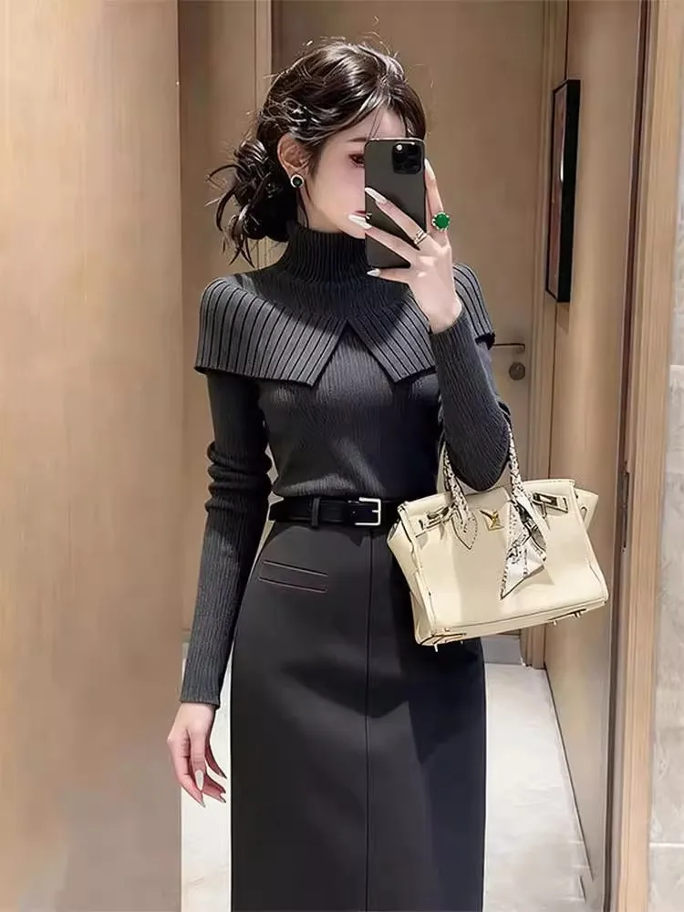 

Модный осенне-зимний женский вязаный свитер и комплект юбки Sli, высококачественный комплект из двух предметов длиной f