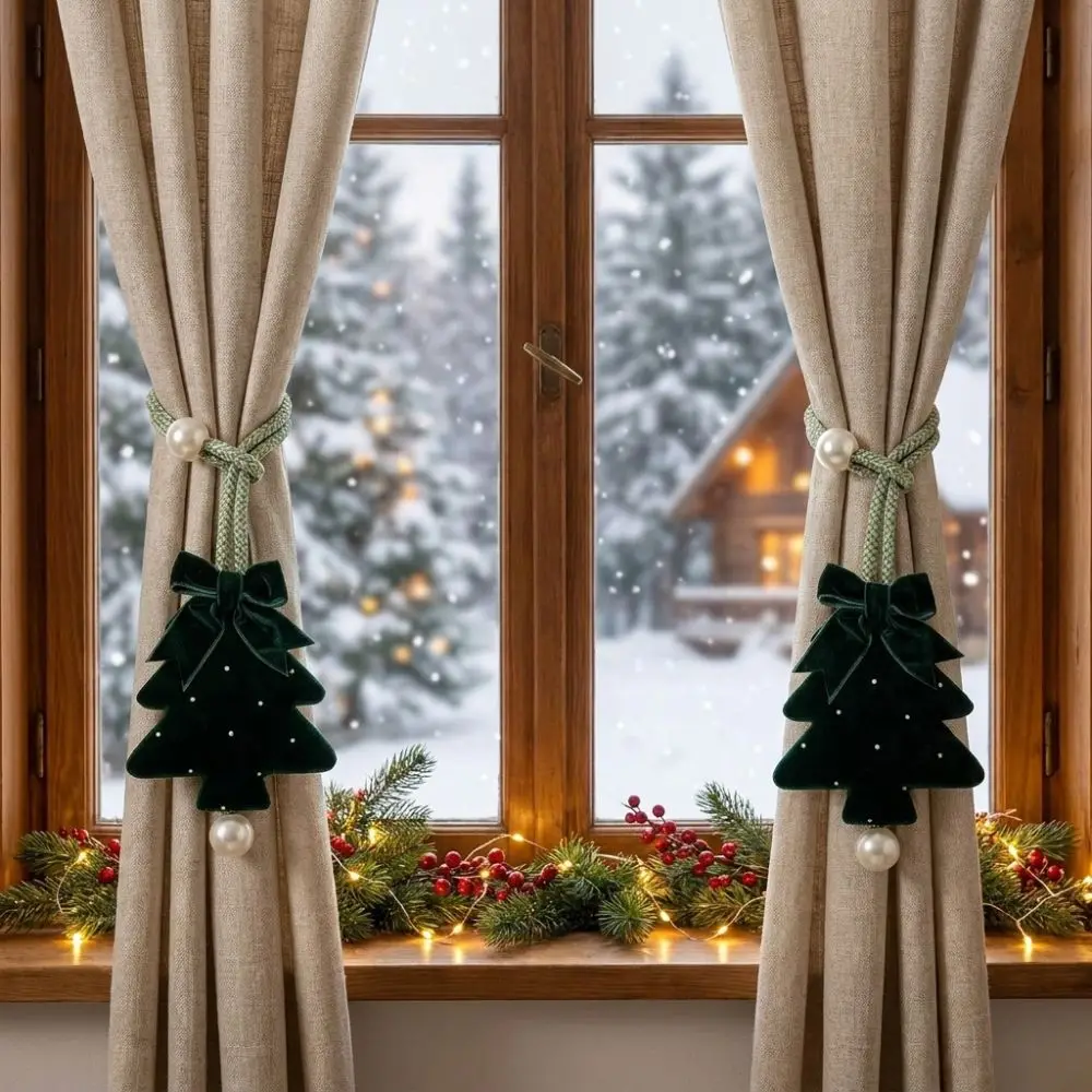 2Pcs Adjustable Christmas Tree Curtain Tieback Braided Cord Pearl Bow Holiday Fabric Curtain Holder Shape-Retentive