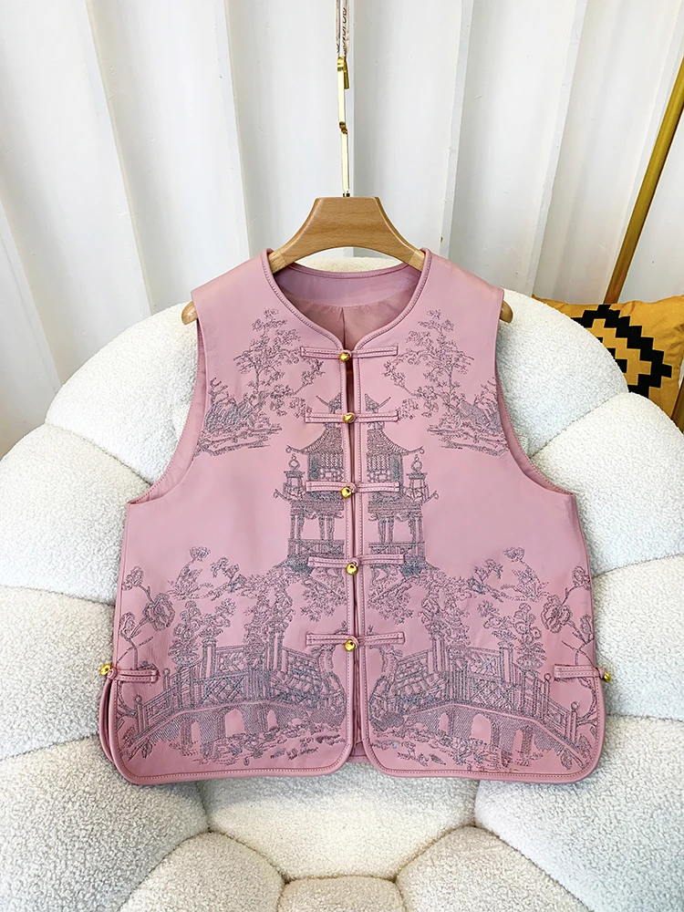 2024 Autumn Fashion Women's High Quality Chinese Style Embroidery Real Leather Vest Jackets C138