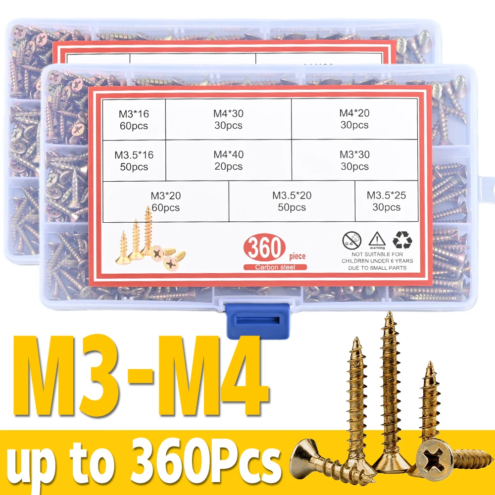 

360pcs M3 M3.5 M4 Carbon Steel Flat Head Phillips Self-Tapping Screws Kit Zinc Plated High Strength Fiber Nails for Woodworking
