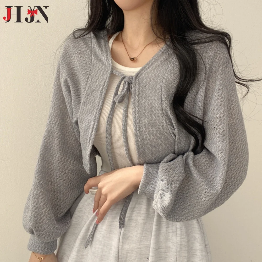 

2025SS Korean Chic Sweet UV Protection Cardigan Women - Bow Tie Lantern Sleeve Lightweight Cropped Cover-Up for Spring Summer