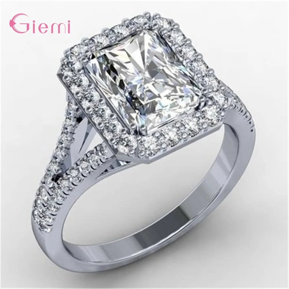 Genuine 925 Sterling Silver Rings Luxury Shiny Square Inlay Zircon Finger Ring for Women Girls Wedding Party Trendy Jewelry Gift