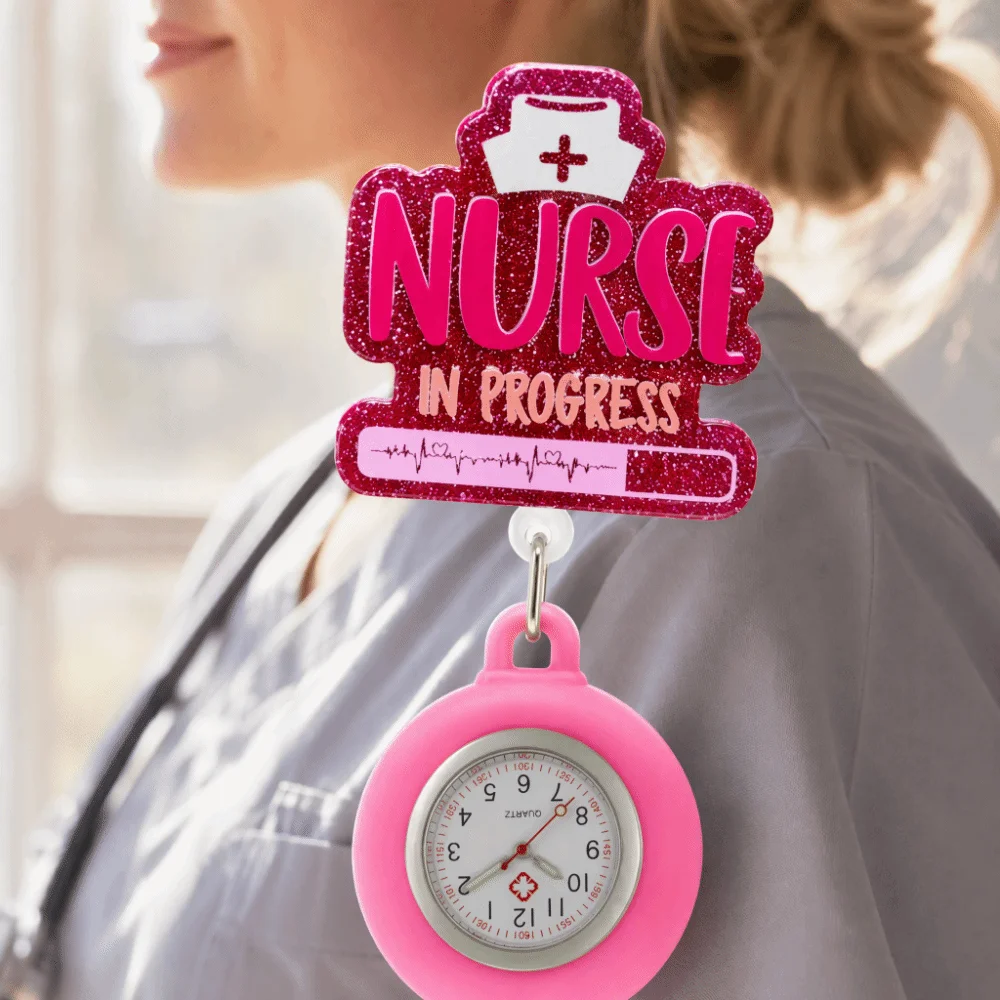 Fashion Retractable Retractable Pocket Watch Multi-functional Clip-On Nurse Watch Cartoon Glitter Silicone Badge Reel Nurses