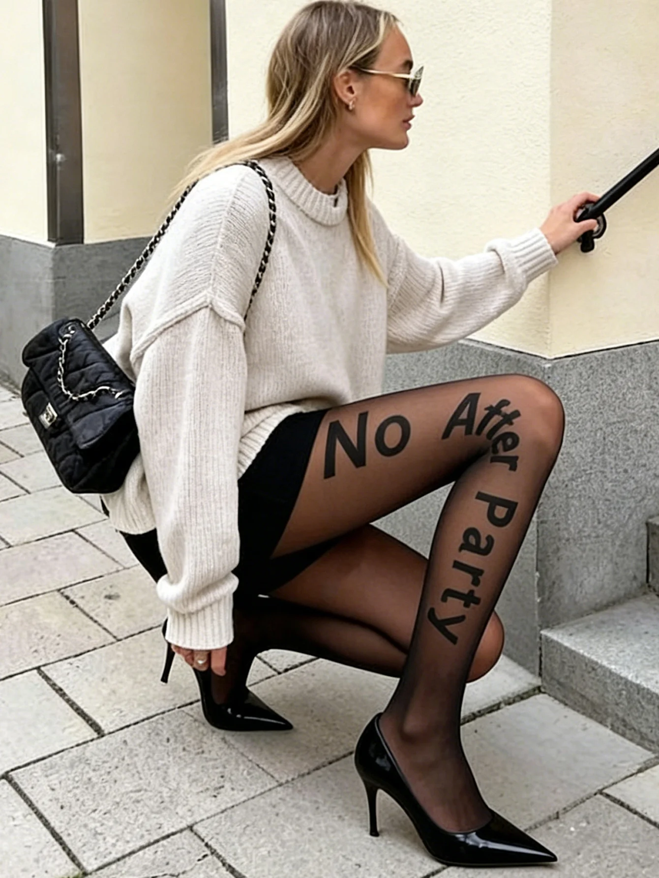 1 PC Trendy Letter Slogan Print Black Sheer Tights, Instagram Style See Through Pantyhose for Photo Shoot Streetwear Casual Dail