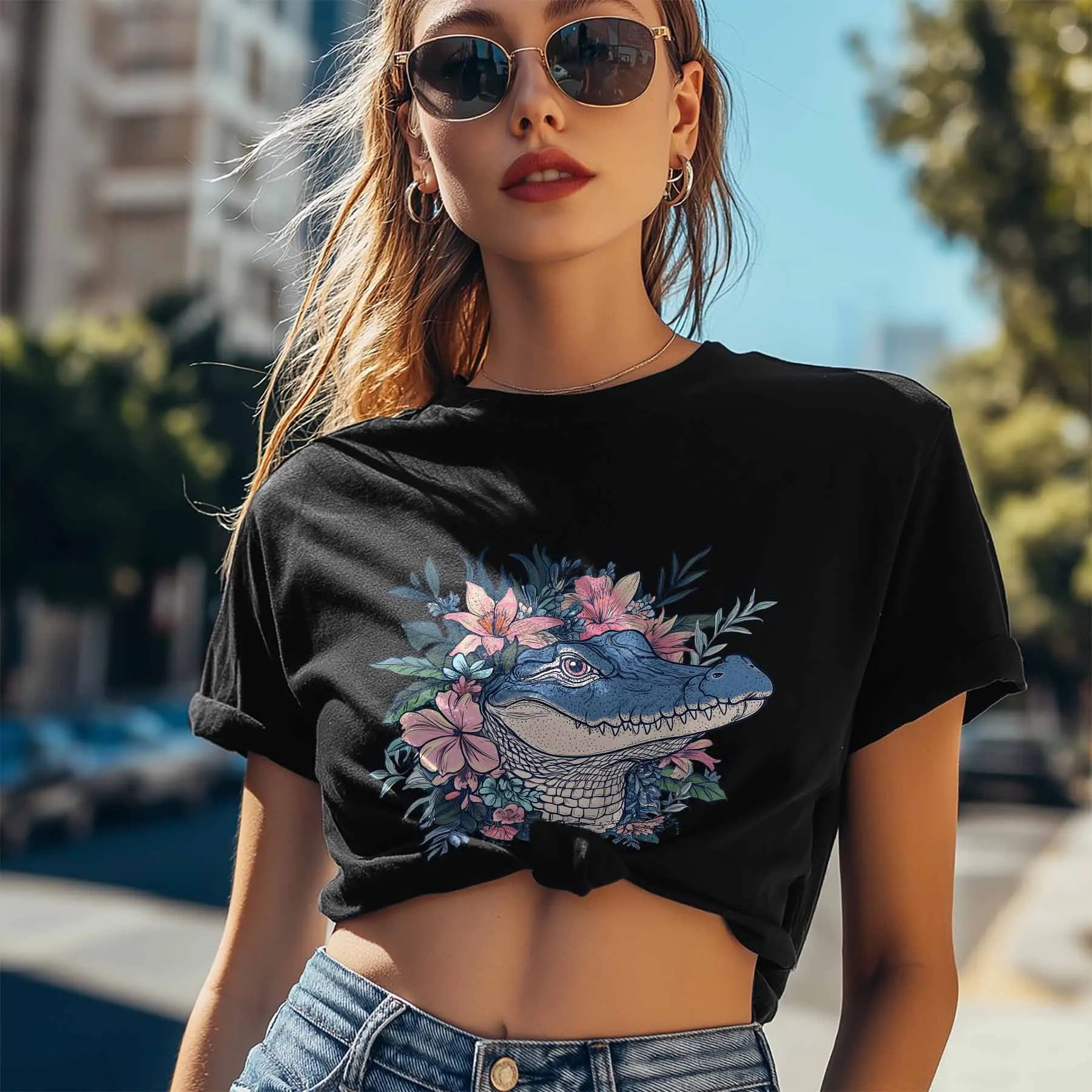 Womens T-Shirt Graphic Cartoon Crocodile Flowers Cotton Top Short Sleeve Fashion Basic Casual Tee