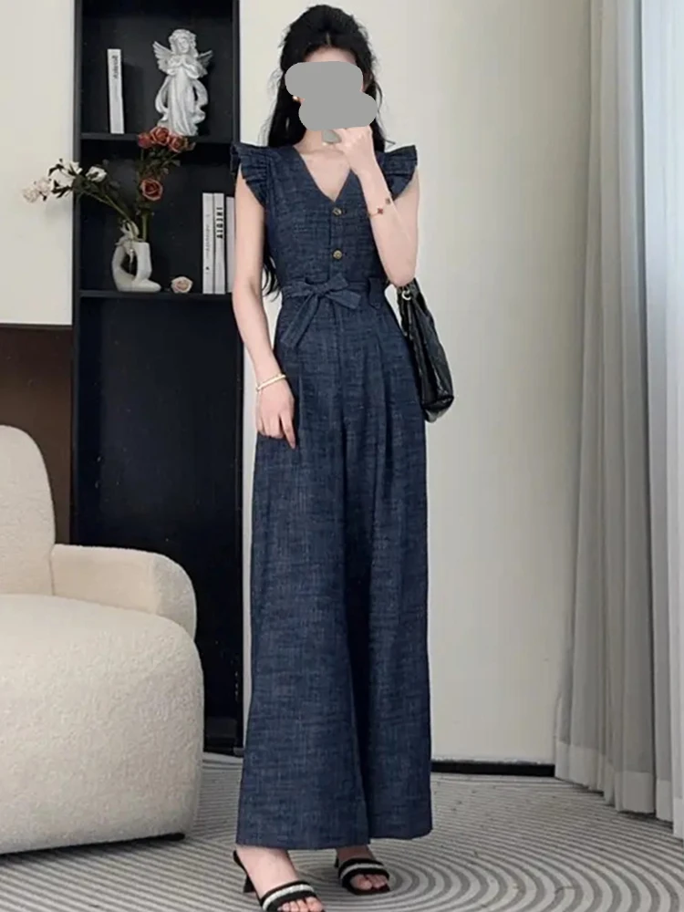 

Модный корейский комбинезон для женщин: джинсовый, синий, с высокой талией, длинными брюками и расклешенными рукавами, винтажный, класса люкс