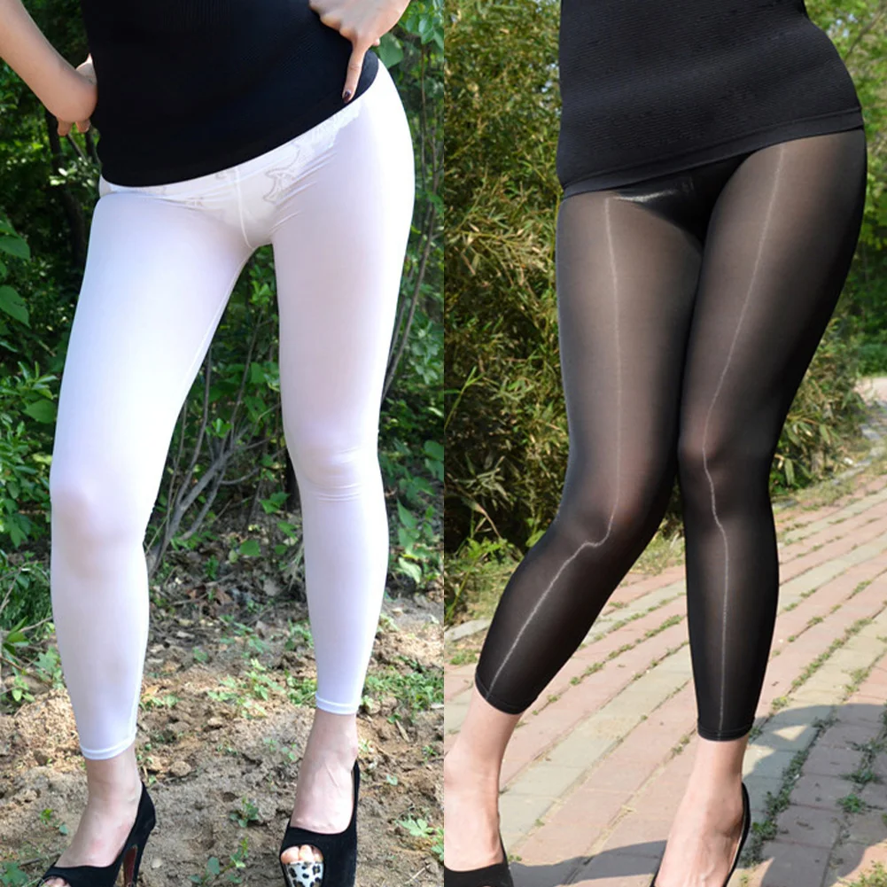 Pantaloni da donna in tinta unita, leggings trasparenti con materiale in seta ghiacciata, adatti per abbigliamento da notte e quotidiano