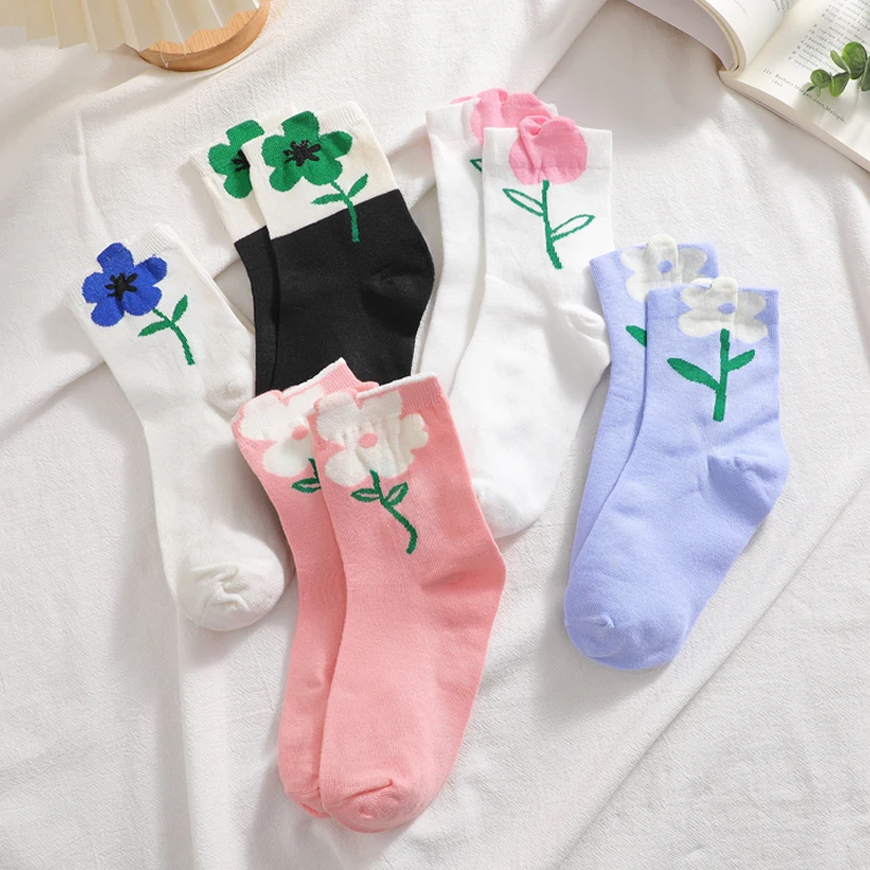 5 Pair Women's Socks Japanese Korean Style Cartoon Tulip Flower Cute Kawaii Mid Tube Socks Breathable Casual Frilly Ruffle Socks