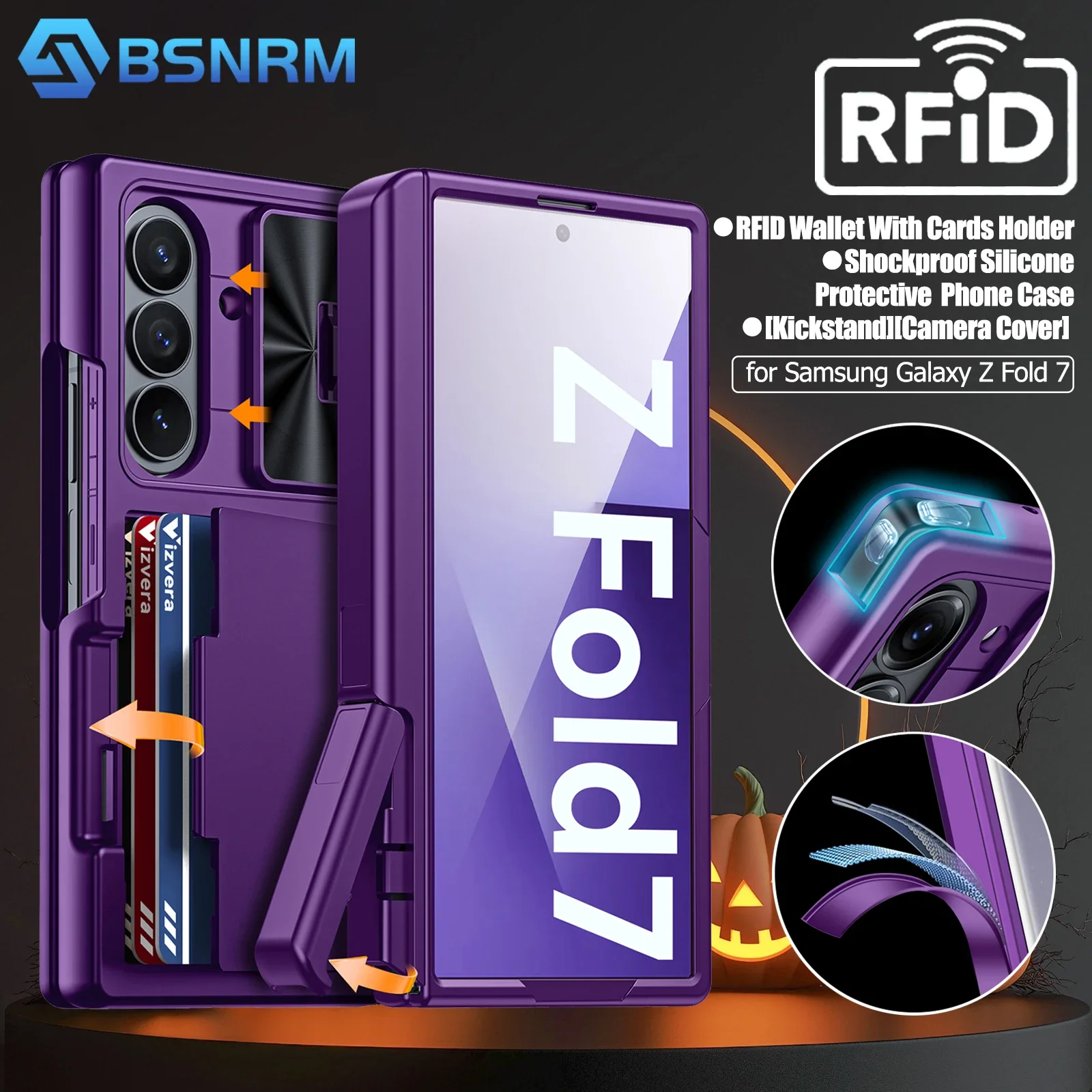 

Halloween Gifts,RFID Cards Holder,Hidden bracket,Camera Cover,Shockproof Phone Case for Samsung Galaxy Z Fold 7-Purple