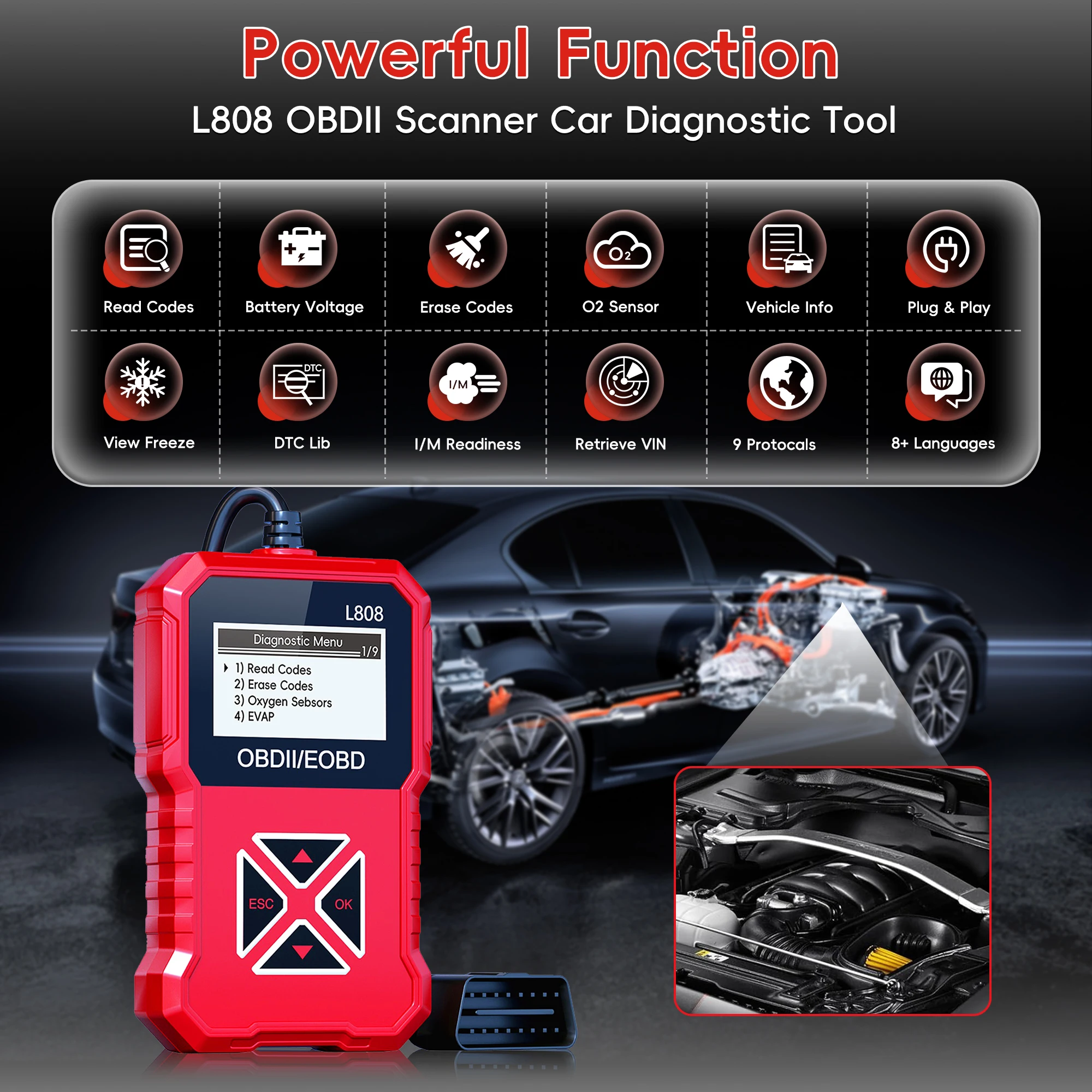 Car OBD2 Scanner Check Engine Fault Code Reader Diagnostic Scan Tool，Vehicle Code Reader for Check Engine Light Clear Fault Code