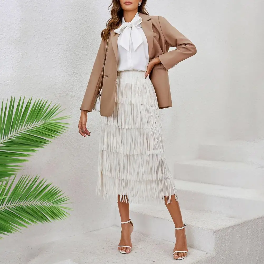 Women Skirt Spring Summer Skirt Elegant Women's Fringed Midi Skirt with Elastic Waist for Leisure Travel Soft for Daily