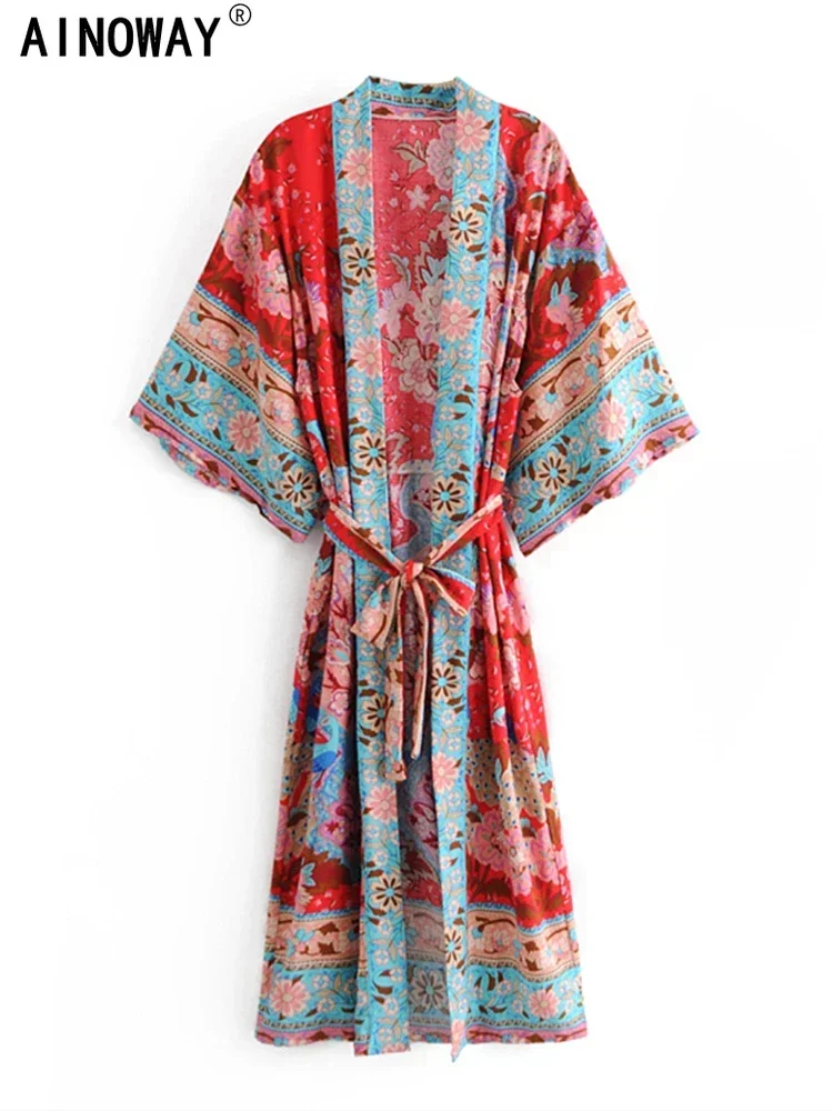 Peacock red Floral print batwing sleeve women beach Bohemian Kimono robe dress Ladies V neck happie bikini Boho Cover-ups