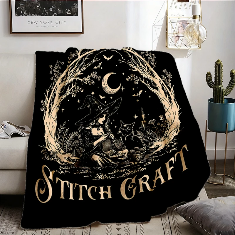 Stitch Craft Witch Flannel Blanket, Black Cat Knitting Flannel Blanket, Witchy Yarn Halloween Flannel Blanket