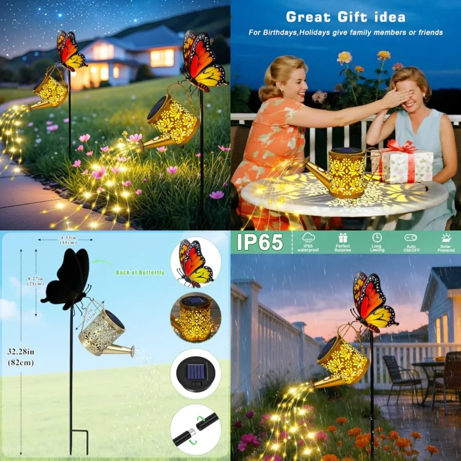 Solar Lights Outdoor Decorative, Watering Can with Cascading Lights on Butterfly Shepherd's Hook, Solar Garden Stake Decor for