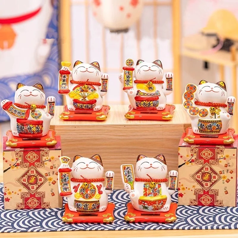 Solar Ceramic Lucky Cat Figure Home Room Interior Decoration Japanese Mascot Fortune Cat Statue Maneki Neko Car Ornament Decor