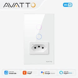 AVATTO Tuya WiFi Smart Light Switch with Socket,Brazil Stand 16A Touch Button Wall Switch,Work for Alexa Google Home
